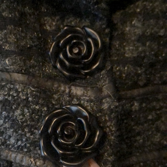 New, black coat with flower shaped buttons, w/ beautiful trim, Size L - Picture 3 of 6